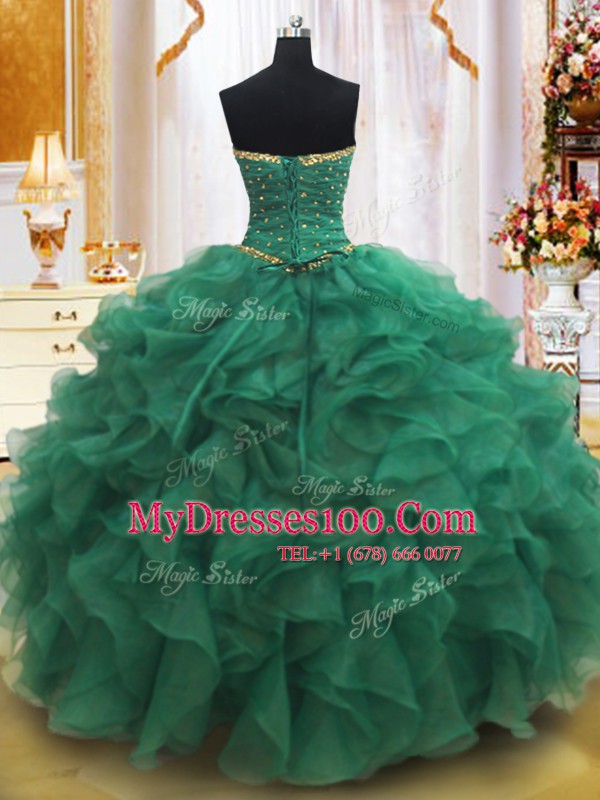 Dark Green Ball Gowns Strapless Sleeveless Organza Floor Length Lace Up Beading and Ruffles Ball Gown Prom Dress