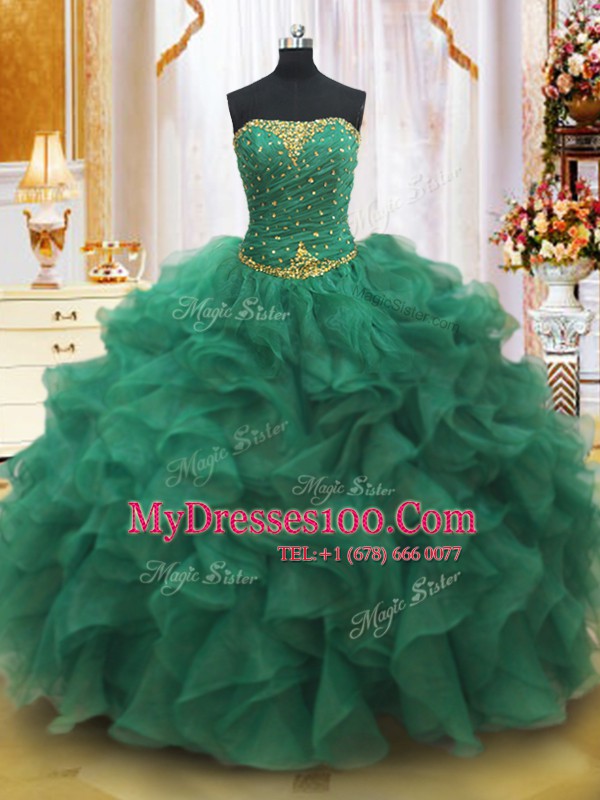 Dark Green Ball Gowns Strapless Sleeveless Organza Floor Length Lace Up Beading and Ruffles Ball Gown Prom Dress