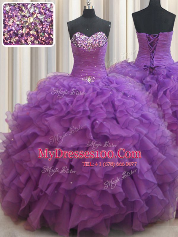 Best Selling Eggplant Purple Lace Up Sweet 16 Dresses Beading and Ruffles Sleeveless Floor Length