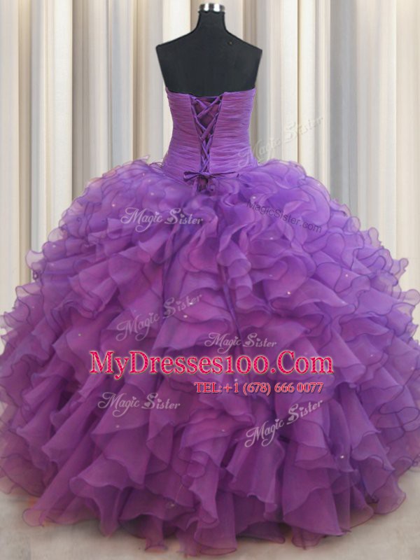 Best Selling Eggplant Purple Lace Up Sweet 16 Dresses Beading and Ruffles Sleeveless Floor Length