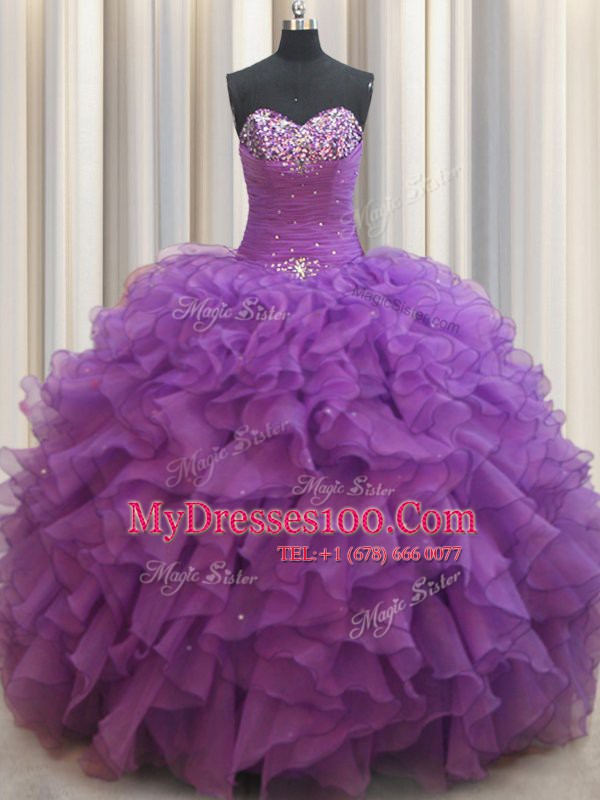 Best Selling Eggplant Purple Lace Up Sweet 16 Dresses Beading and Ruffles Sleeveless Floor Length