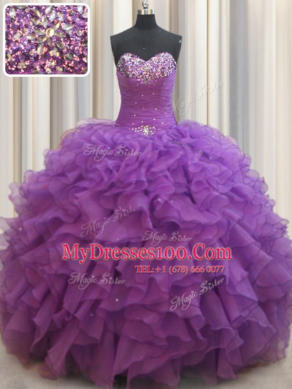 Best Selling Eggplant Purple Lace Up Sweet 16 Dresses Beading and Ruffles Sleeveless Floor Length