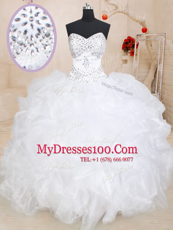 White Organza Lace Up Sweetheart Sleeveless Floor Length 15th Birthday Dress Beading and Ruffles