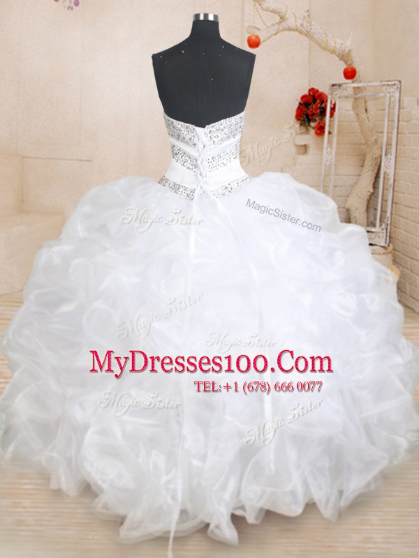 White Organza Lace Up Sweetheart Sleeveless Floor Length 15th Birthday Dress Beading and Ruffles