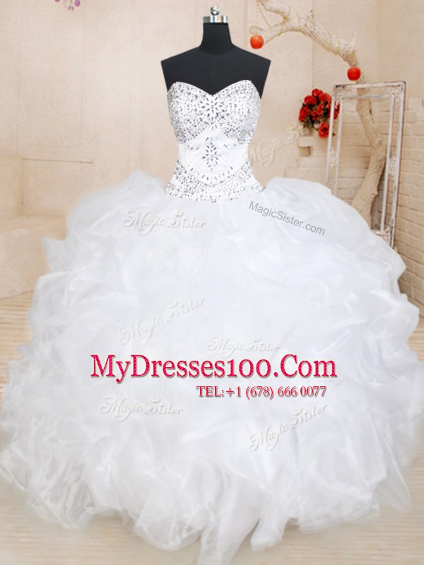 White Organza Lace Up Sweetheart Sleeveless Floor Length 15th Birthday Dress Beading and Ruffles