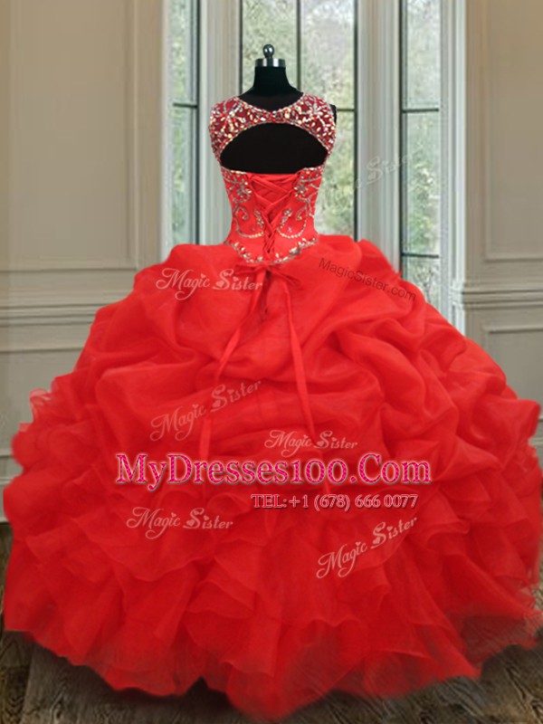 Classical See Through Red Sleeveless Organza Lace Up 15th Birthday Dress for Military Ball and Sweet 16 and Quinceanera