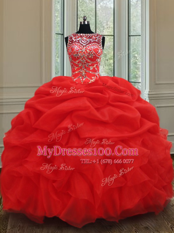 Classical See Through Red Sleeveless Organza Lace Up 15th Birthday Dress for Military Ball and Sweet 16 and Quinceanera