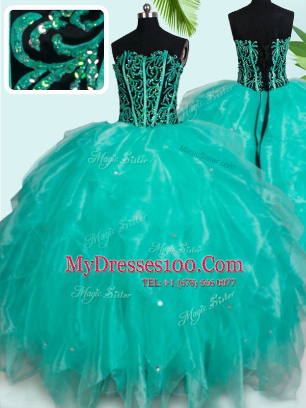 Traditional Turquoise Lace Up Sweetheart Beading and Ruffles 15 Quinceanera Dress Organza Sleeveless
