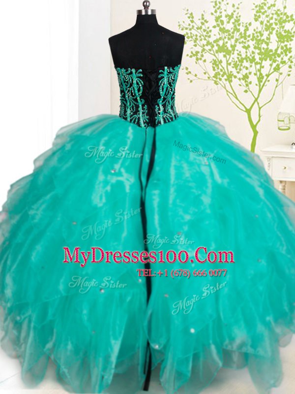 Traditional Turquoise Lace Up Sweetheart Beading and Ruffles 15 Quinceanera Dress Organza Sleeveless