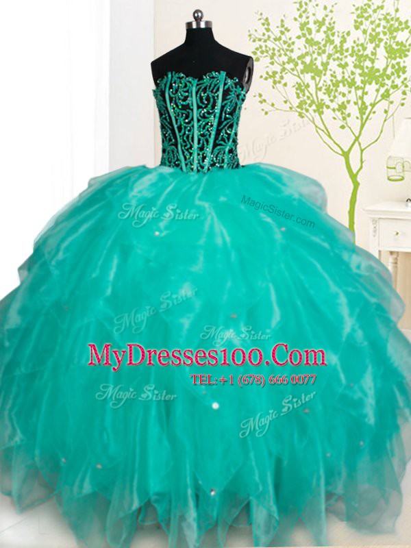 Traditional Turquoise Lace Up Sweetheart Beading and Ruffles 15 Quinceanera Dress Organza Sleeveless