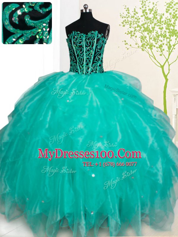 Traditional Turquoise Lace Up Sweetheart Beading and Ruffles 15 Quinceanera Dress Organza Sleeveless