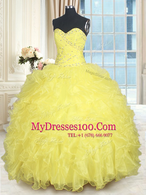 Edgy Yellow Ball Gowns Beading and Ruffles Quinceanera Gown Lace Up Organza Sleeveless Floor Length
