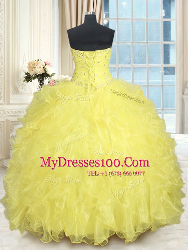 Edgy Yellow Ball Gowns Beading and Ruffles Quinceanera Gown Lace Up Organza Sleeveless Floor Length