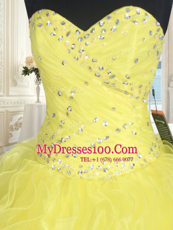 Edgy Yellow Ball Gowns Beading and Ruffles Quinceanera Gown Lace Up Organza Sleeveless Floor Length