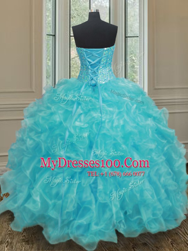 Sexy Organza Sweetheart Sleeveless Lace Up Beading and Ruffles Sweet 16 Quinceanera Dress in Aqua Blue