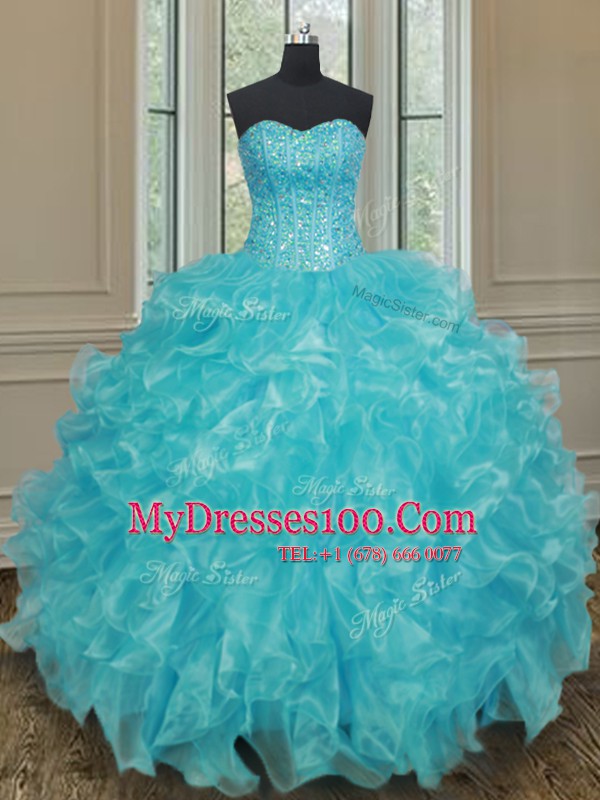 Sexy Organza Sweetheart Sleeveless Lace Up Beading and Ruffles Sweet 16 Quinceanera Dress in Aqua Blue