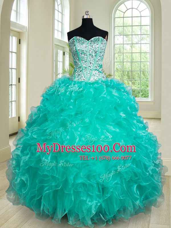 Elegant Turquoise Lace Up Sweetheart Beading and Ruffles Ball Gown Prom Dress Organza Sleeveless