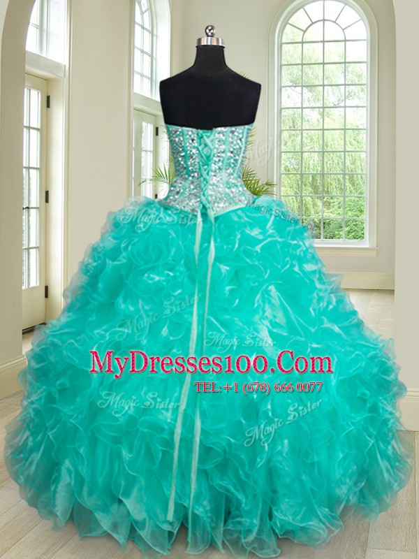 Elegant Turquoise Lace Up Sweetheart Beading and Ruffles Ball Gown Prom Dress Organza Sleeveless