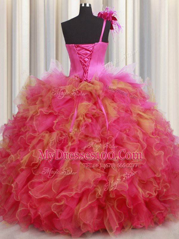 Organza and Tulle One Shoulder Sleeveless Lace Up Beading and Ruffles and Hand Made Flower Sweet 16 Dress in Multi-color