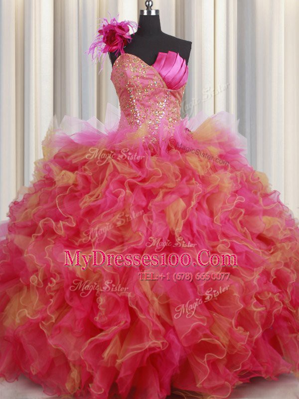 Organza and Tulle One Shoulder Sleeveless Lace Up Beading and Ruffles and Hand Made Flower Sweet 16 Dress in Multi-color