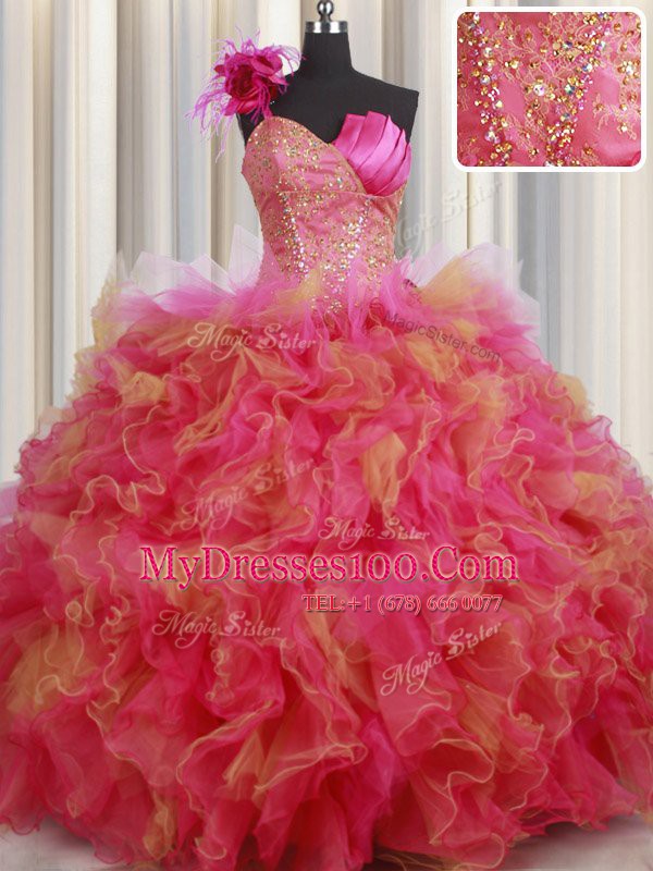 Organza and Tulle One Shoulder Sleeveless Lace Up Beading and Ruffles and Hand Made Flower Sweet 16 Dress in Multi-color