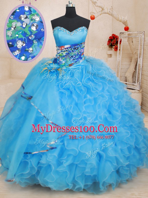 Custom Made Sleeveless Lace Up Floor Length Beading and Ruffles and Pattern Quince Ball Gowns