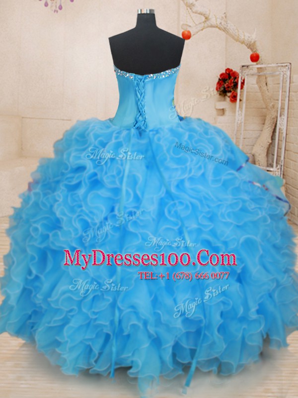 Custom Made Sleeveless Lace Up Floor Length Beading and Ruffles and Pattern Quince Ball Gowns