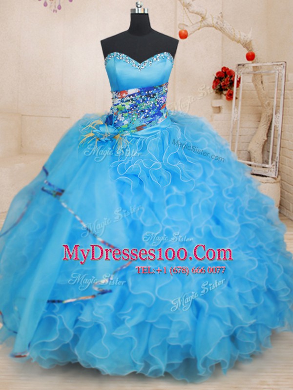 Custom Made Sleeveless Lace Up Floor Length Beading and Ruffles and Pattern Quince Ball Gowns