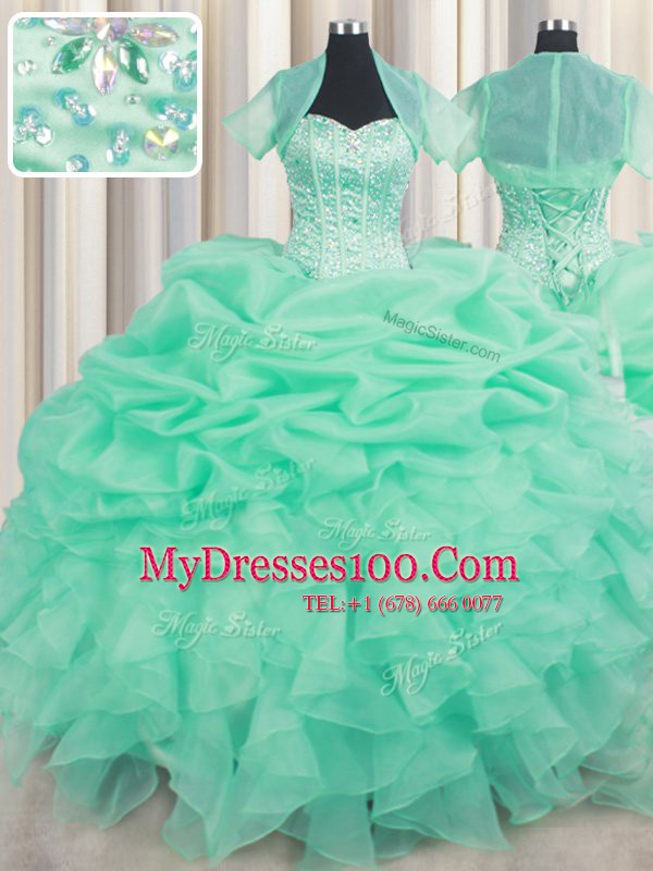 Beading and Ruffles and Pick Ups Ball Gown Prom Dress Apple Green Lace Up Sleeveless Floor Length