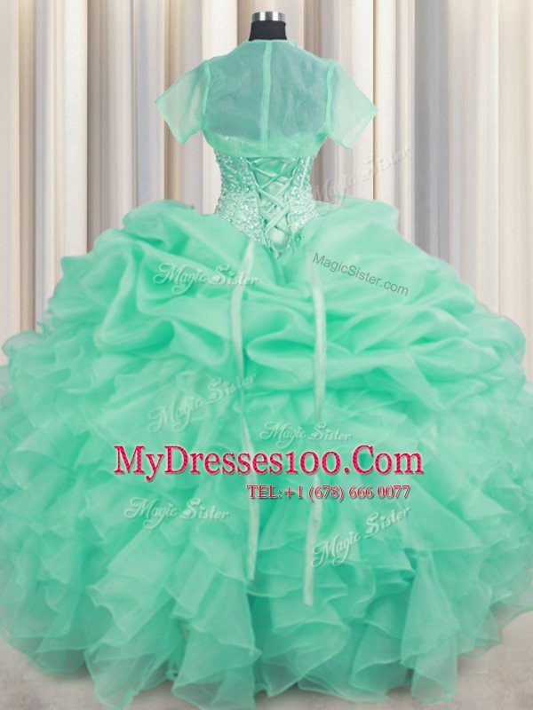 Beading and Ruffles and Pick Ups Ball Gown Prom Dress Apple Green Lace Up Sleeveless Floor Length