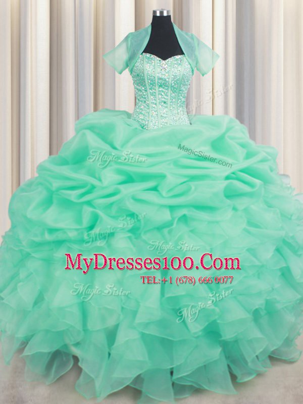 Beading and Ruffles and Pick Ups Ball Gown Prom Dress Apple Green Lace Up Sleeveless Floor Length