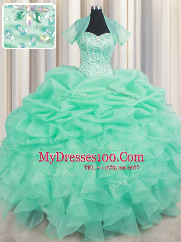 Beading and Ruffles and Pick Ups Ball Gown Prom Dress Apple Green Lace Up Sleeveless Floor Length