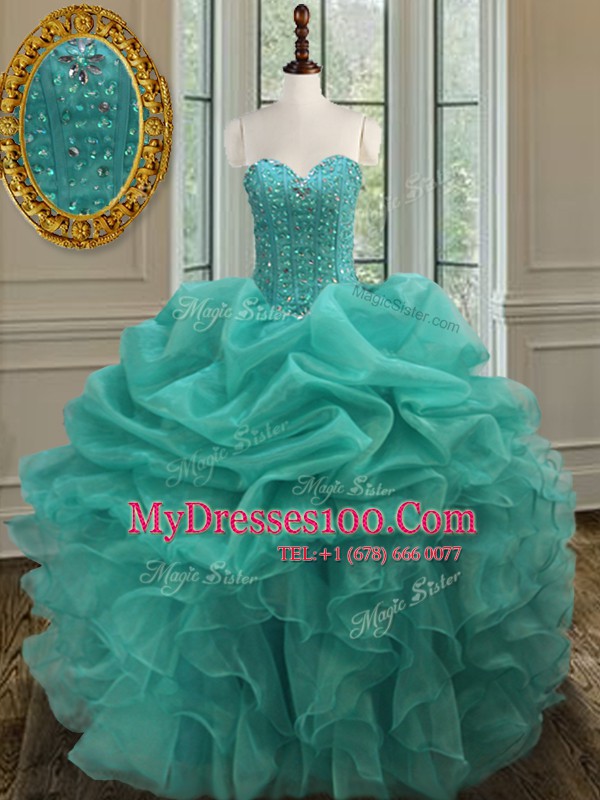 Wonderful Turquoise Sweetheart Lace Up Beading and Ruffles and Pick Ups Sweet 16 Dresses Sleeveless