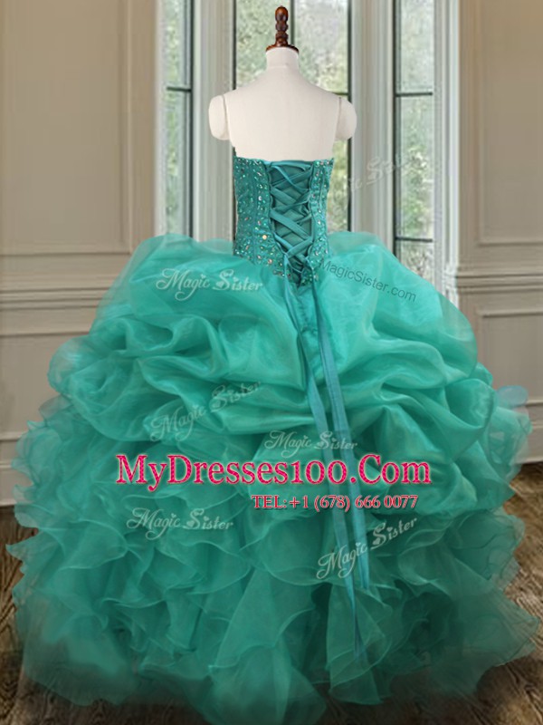 Wonderful Turquoise Sweetheart Lace Up Beading and Ruffles and Pick Ups Sweet 16 Dresses Sleeveless
