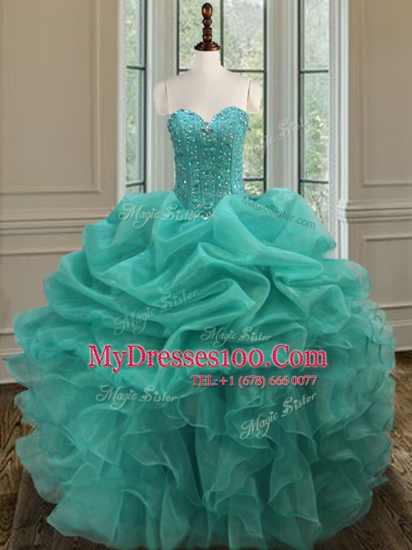 Wonderful Turquoise Sweetheart Lace Up Beading and Ruffles and Pick Ups Sweet 16 Dresses Sleeveless