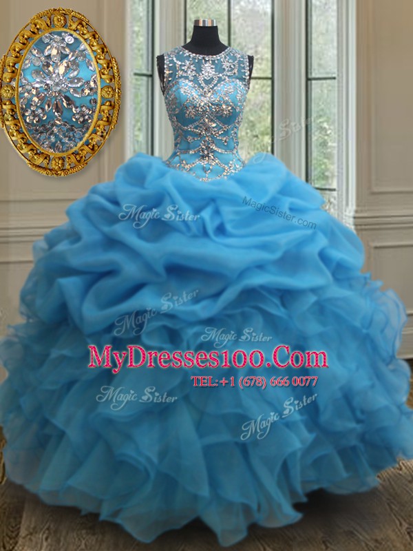 See Through Baby Blue Ball Gowns Scoop Sleeveless Organza Floor Length Lace Up Beading and Ruffles and Pick Ups 15 Quinceanera Dress
