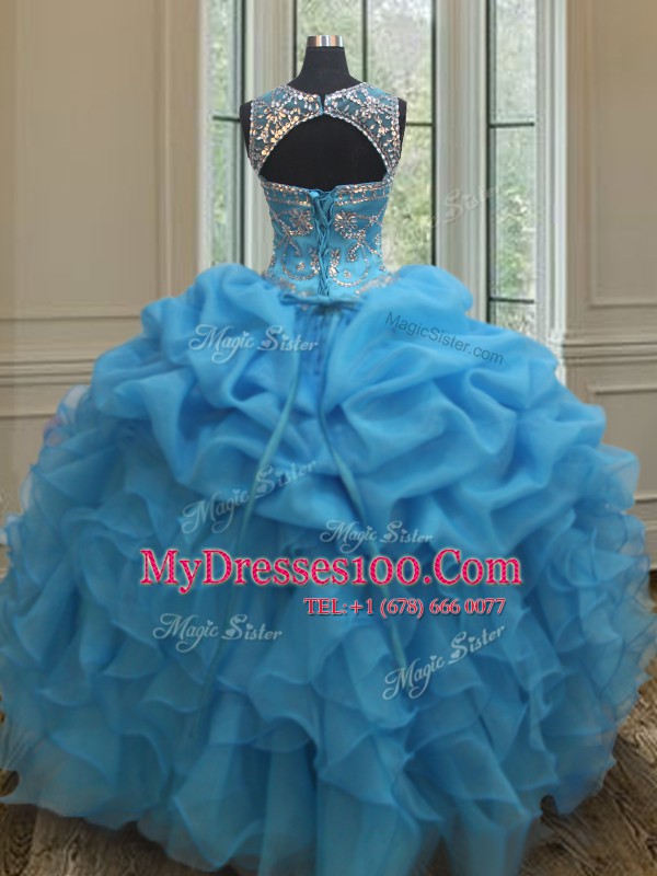 See Through Baby Blue Ball Gowns Scoop Sleeveless Organza Floor Length Lace Up Beading and Ruffles and Pick Ups 15 Quinceanera Dress