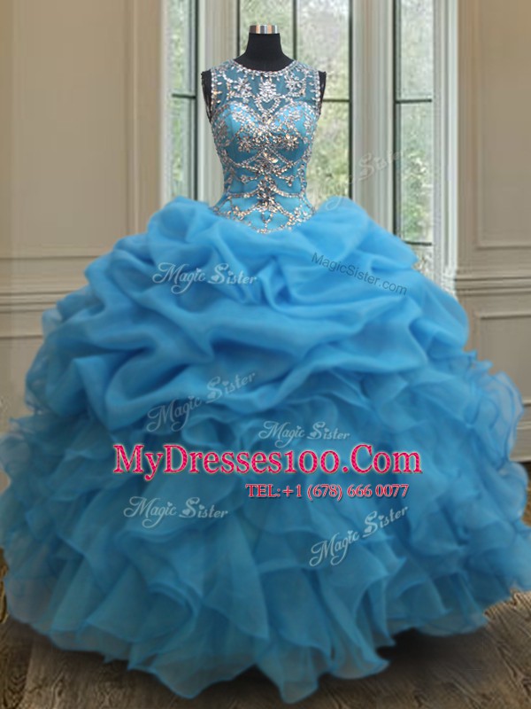 See Through Baby Blue Ball Gowns Scoop Sleeveless Organza Floor Length Lace Up Beading and Ruffles and Pick Ups 15 Quinceanera Dress