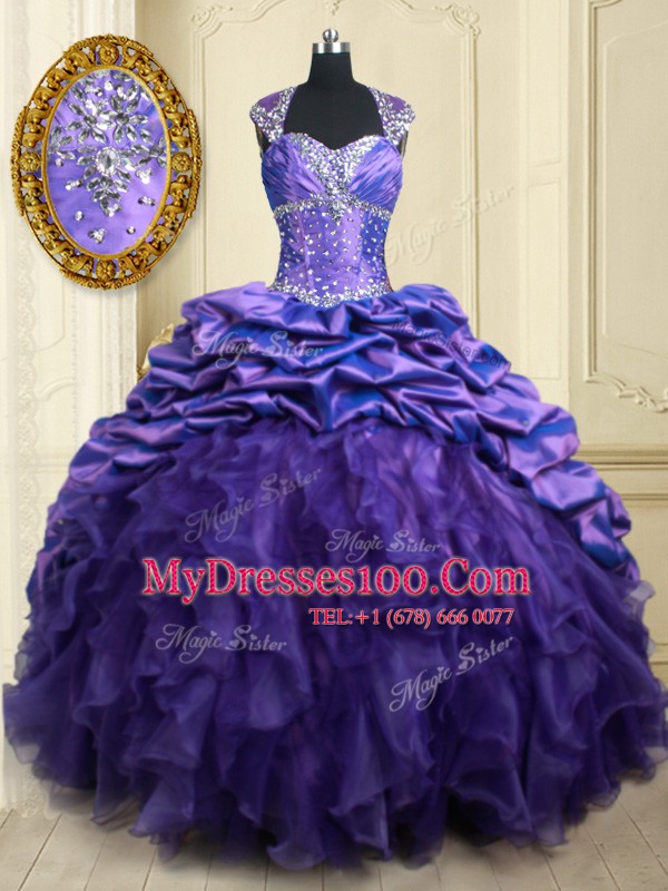 High Quality Straps Purple Ball Gowns Beading and Ruffles and Pick Ups Ball Gown Prom Dress Lace Up Organza and Taffeta Cap Sleeves