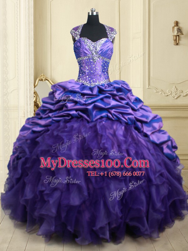 High Quality Straps Purple Ball Gowns Beading and Ruffles and Pick Ups Ball Gown Prom Dress Lace Up Organza and Taffeta Cap Sleeves
