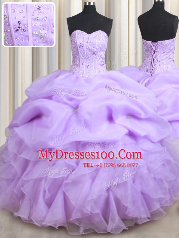 Fine Pick Ups Lavender Sleeveless Organza Lace Up Quinceanera Dresses for Military Ball and Sweet 16 and Quinceanera