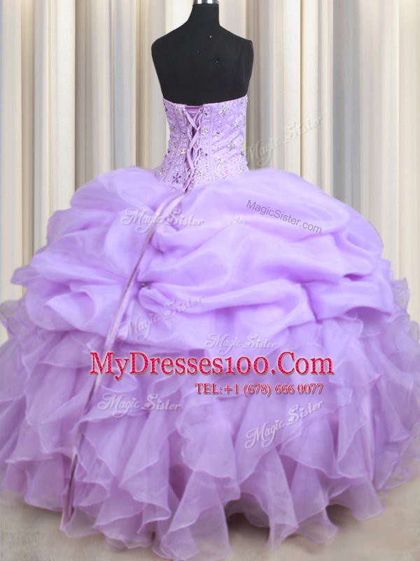 Fine Pick Ups Lavender Sleeveless Organza Lace Up Quinceanera Dresses for Military Ball and Sweet 16 and Quinceanera