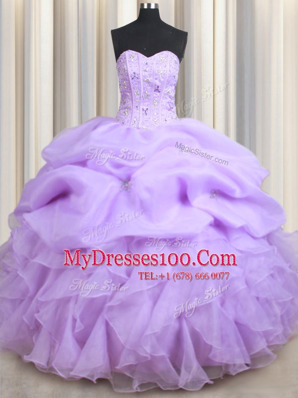 Fine Pick Ups Lavender Sleeveless Organza Lace Up Quinceanera Dresses for Military Ball and Sweet 16 and Quinceanera