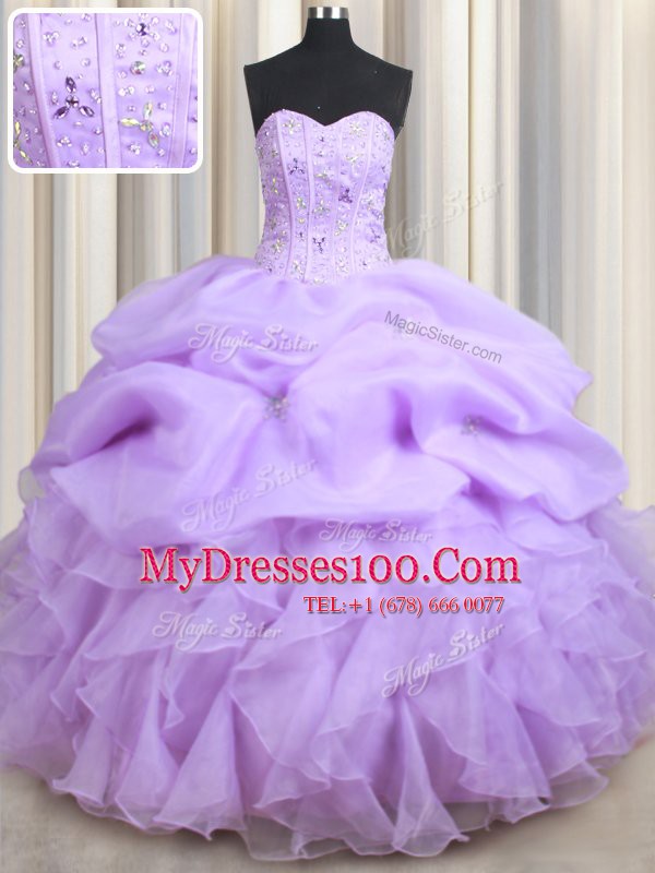 Fine Pick Ups Lavender Sleeveless Organza Lace Up Quinceanera Dresses for Military Ball and Sweet 16 and Quinceanera