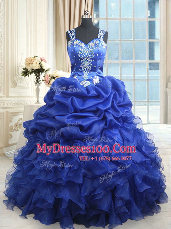 Inexpensive Royal Blue Ball Gowns Organza Straps Sleeveless Beading and Ruffles and Pick Ups Floor Length Zipper Quinceanera Gowns