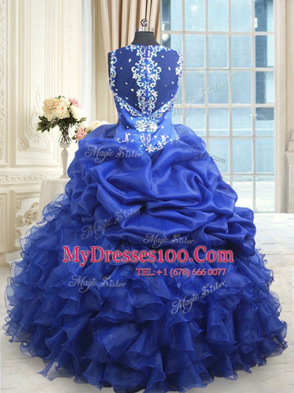 Inexpensive Royal Blue Ball Gowns Organza Straps Sleeveless Beading and Ruffles and Pick Ups Floor Length Zipper Quinceanera Gowns