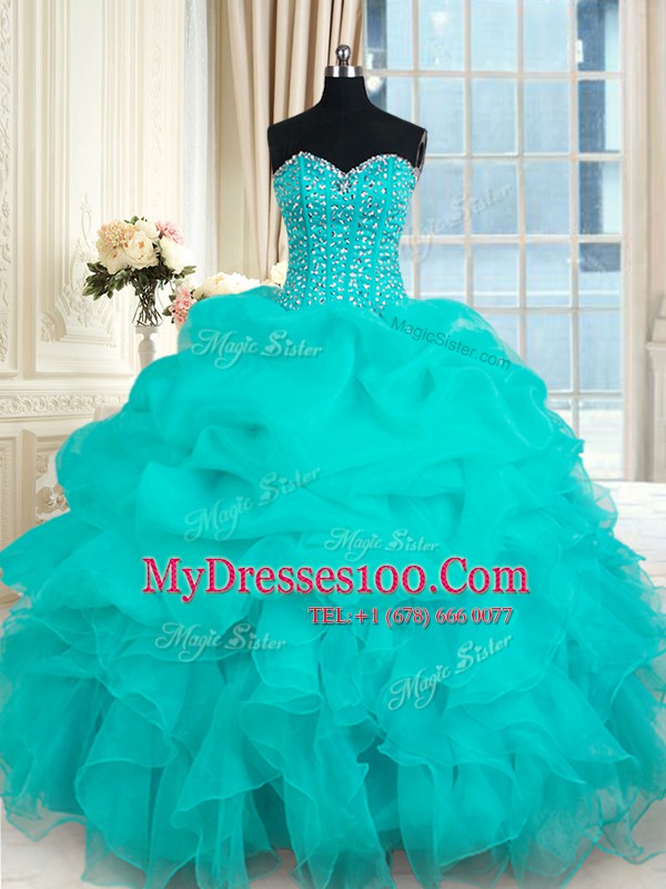 Perfect Beading and Ruffles and Pick Ups 15th Birthday Dress Turquoise Lace Up Sleeveless Floor Length