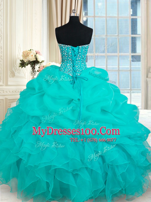 Perfect Beading and Ruffles and Pick Ups 15th Birthday Dress Turquoise Lace Up Sleeveless Floor Length