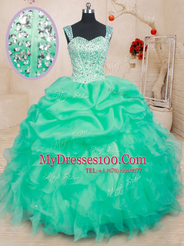Straps Sleeveless Quinceanera Gown Floor Length Beading and Ruffles and Pick Ups Turquoise Organza