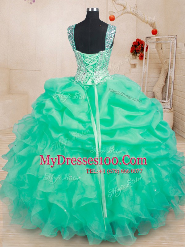 Straps Sleeveless Quinceanera Gown Floor Length Beading and Ruffles and Pick Ups Turquoise Organza